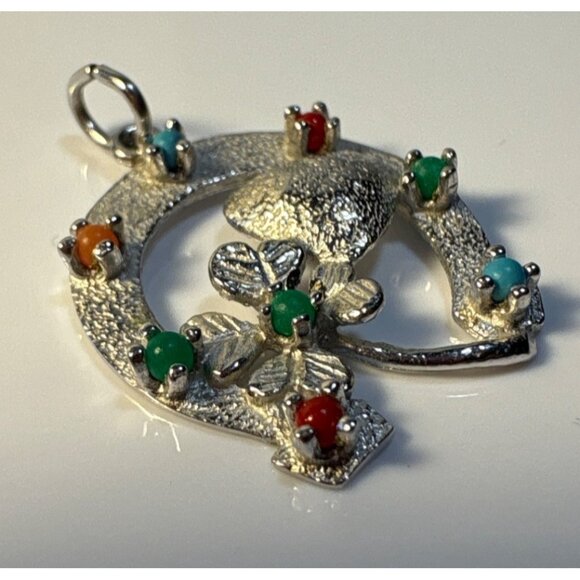 Lucky Horseshoe 4 Leaf Clover Heart Pendant Multi Colored Gem Sterling Silver - Picture 3 of 5